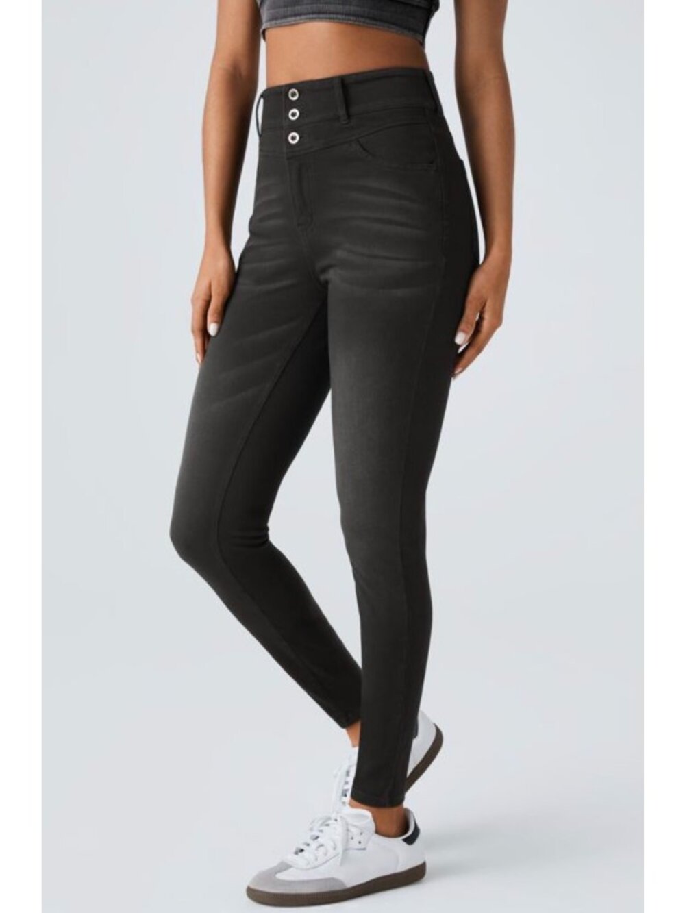 Halara M High-Waisted 3 button Black Skinny Stretch Jeans By Halara M Cotton Ble